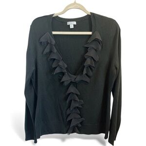 New York & Company Black Ruffle Trim Deep V-Neck Lightweight Sweater XL
